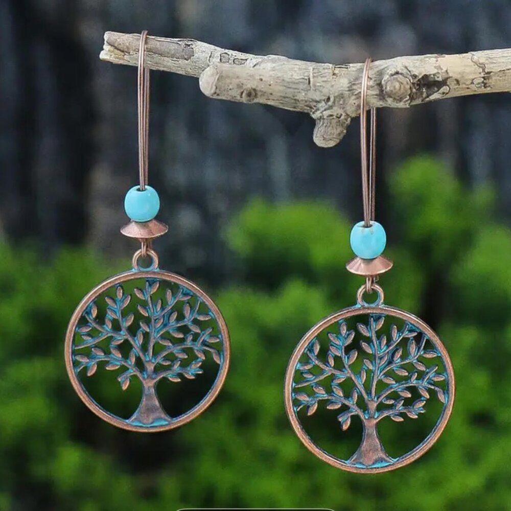 WOMENS ANTIQUE COPPER BLUE GREEN PATINA TEXTURED ROUND TREE STYLE EARRINGS